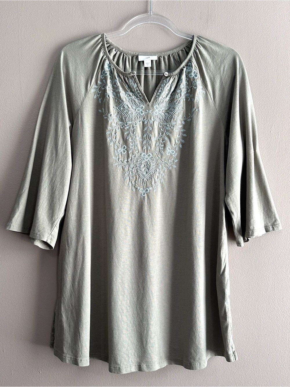 J. Jill Green Blue Embroidered Boho 3/4 Sleeve Top Womens Small Cotton Tencel